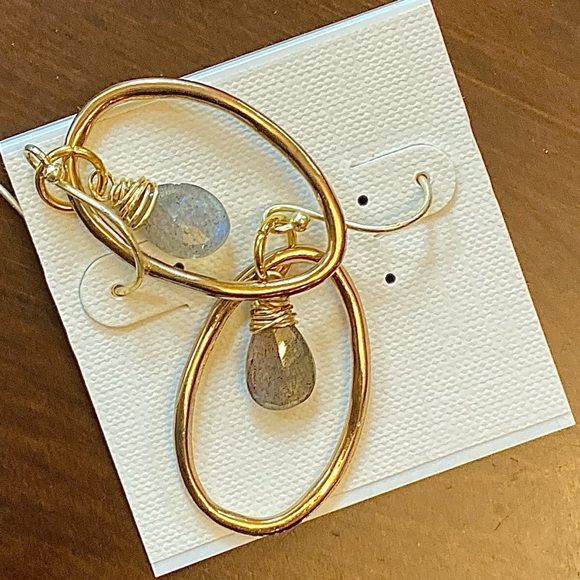 Earrings - Gold Oval with Single Drop Stone Inside - Rainbow Moonstone - NWOT - Picture 2 of 3